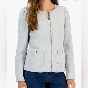 Charter Club Light Gray Quilted Bomber Jacket Puff Sleeves